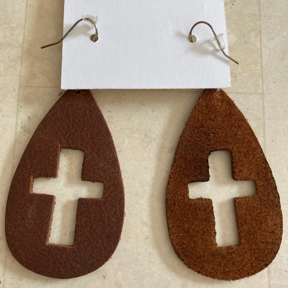 Cut out cross leather earrings